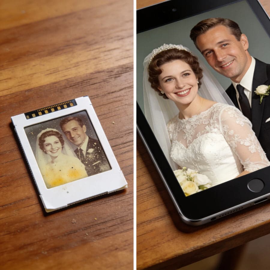 A faded 35mm wedding slide next to the same photo restored digitally on a tablet