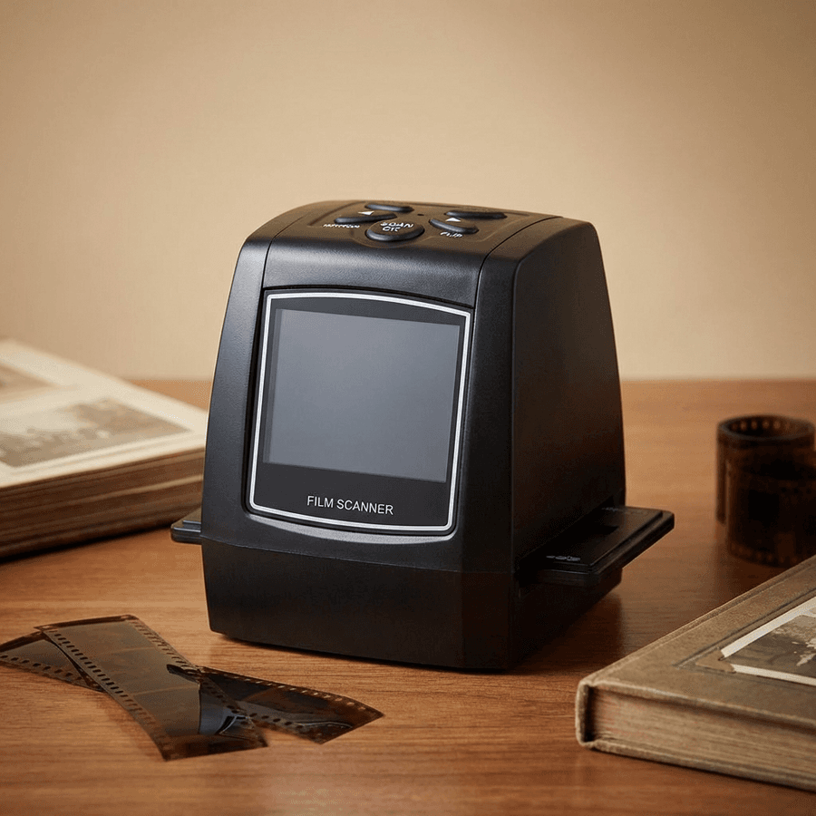 The MemoryVault Box on a desk with film strips