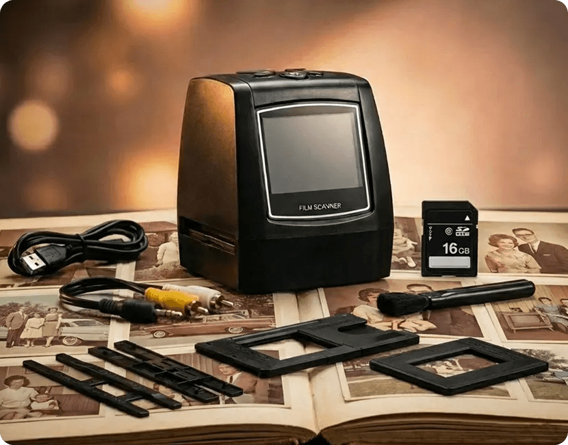 The full MemoryVault Box film scanner kit laid out over an open photo album