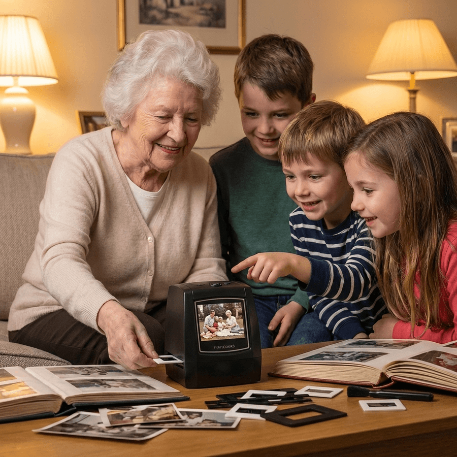 A grandmother scanning slides with her grandchildren