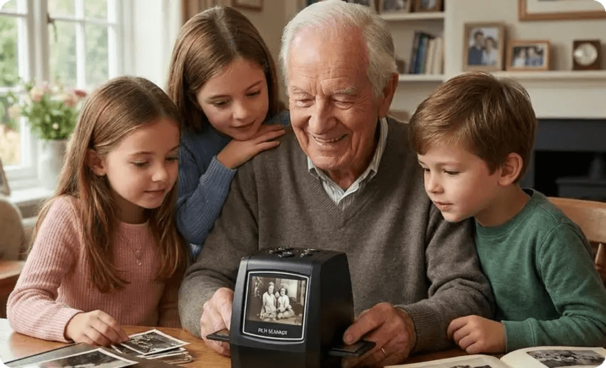 A grandfather showing freshly scanned slides to his three grandchildren