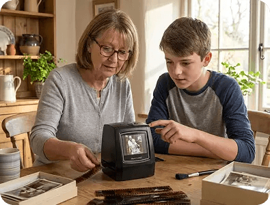 A mother and her son scanning 35mm negatives together at the kitchen table