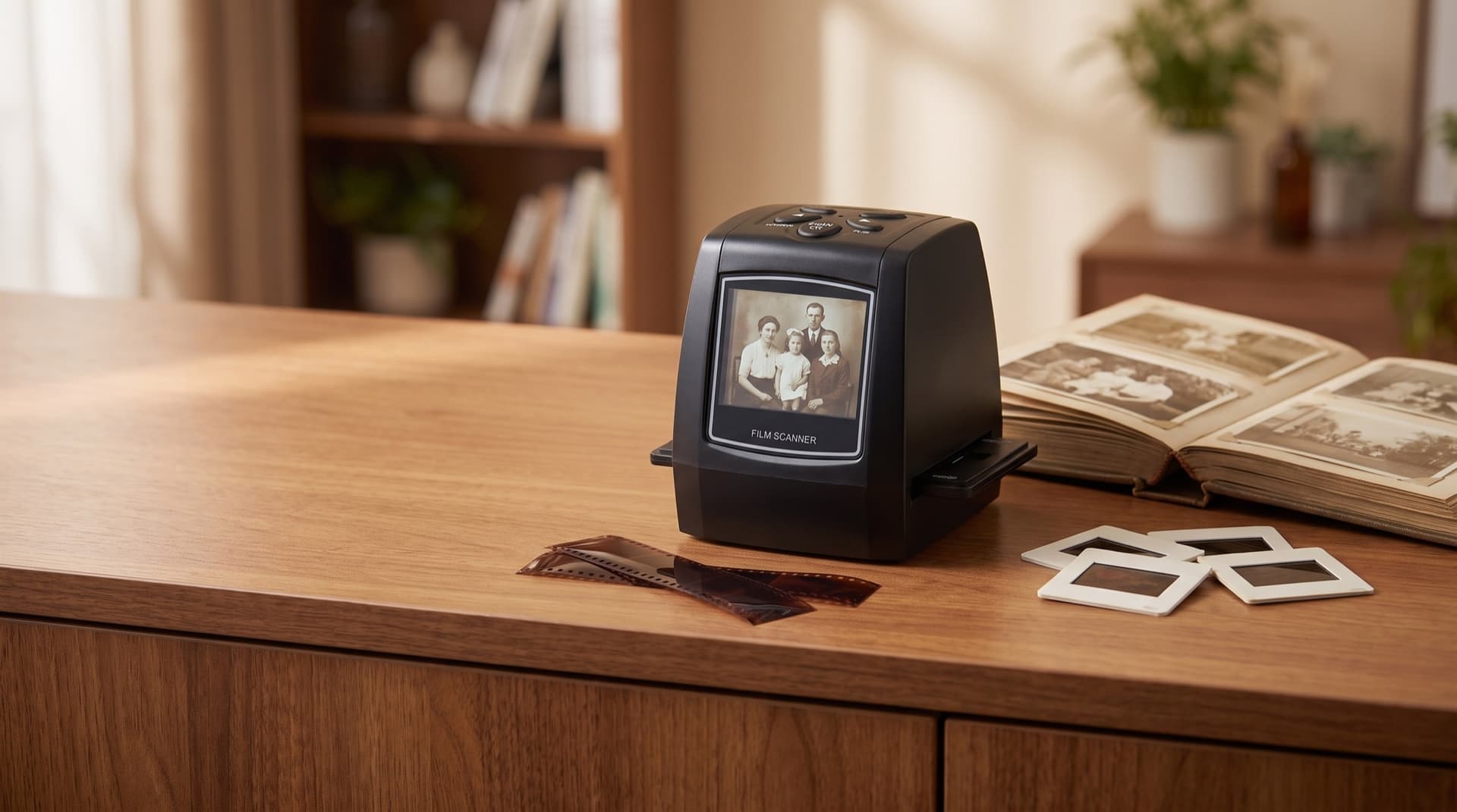 A film scanner on a sideboard beside an open photo album