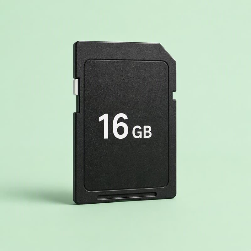 A plain 16GB SD card on a mint background