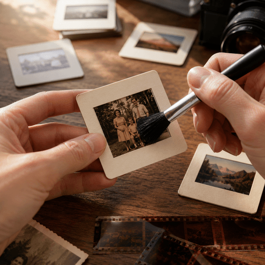 Hands preparing a mounted slide with a cleaning brush